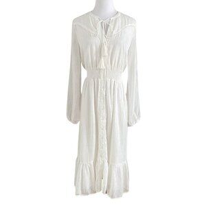 LOST + WANDER WHITE TEXTURED BUTTON FRONT SMOCKED WAIST TASSEL MAXI DRESS - S